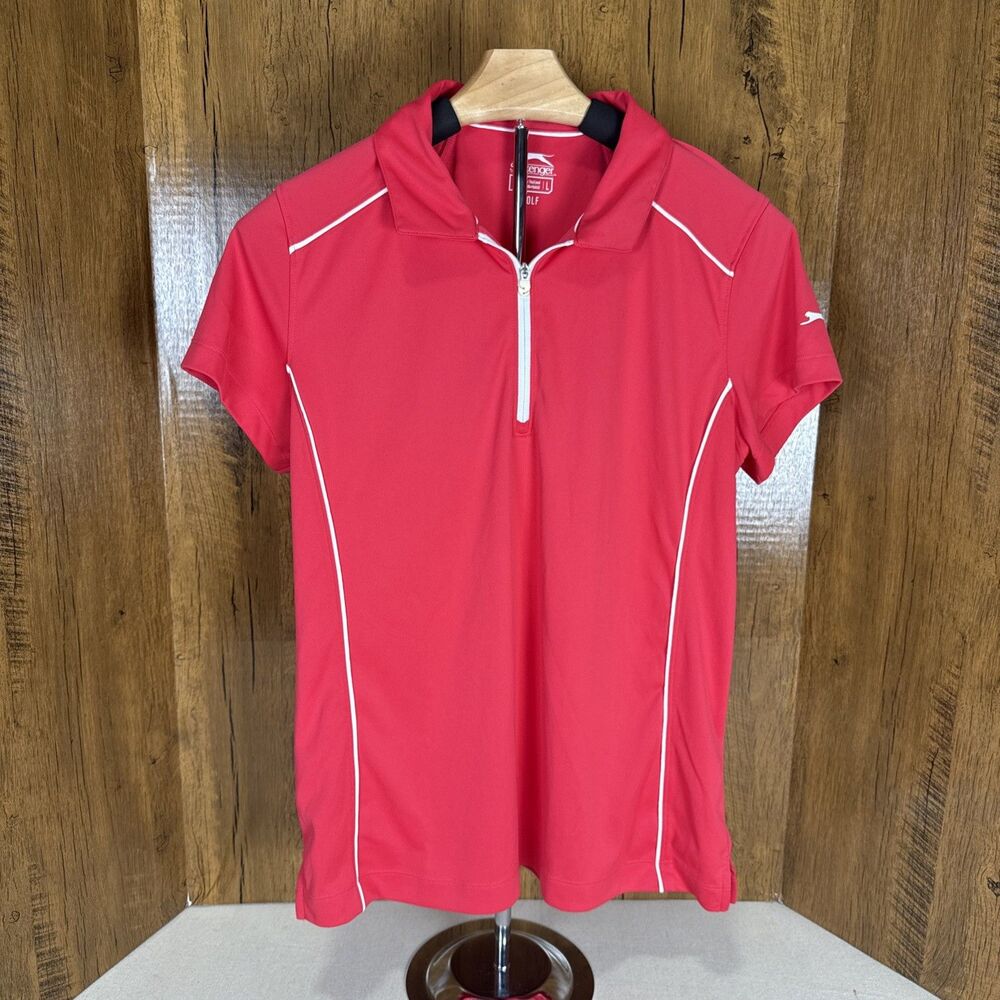 Slazenger Women’s Golf Polo Shirt Large Pink Zip Neck Athletic Polyester Top